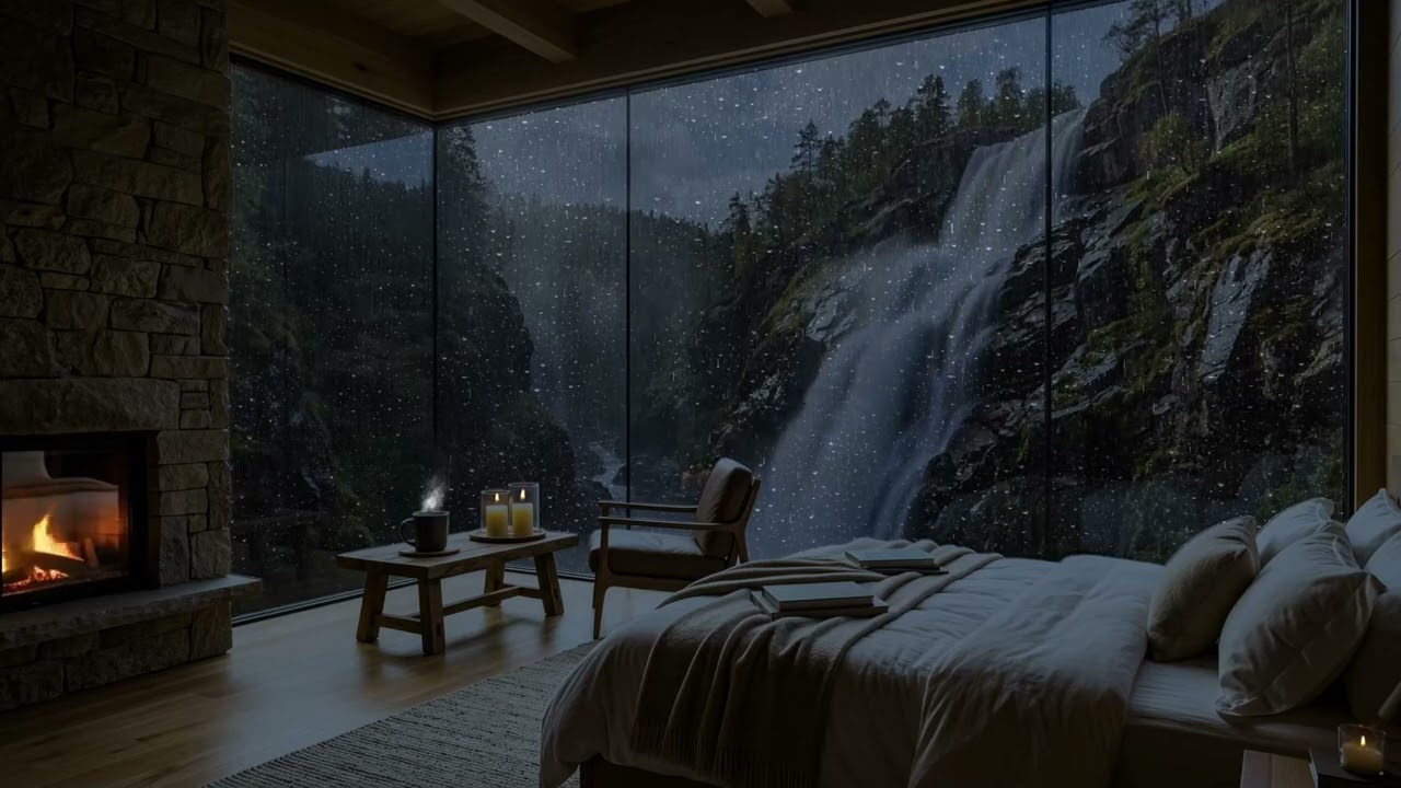 8 Hours Cozy Cabin Rain & Waterfall Sounds 🌧️ Fireplace Ambience for Deep Sleep & Relaxation