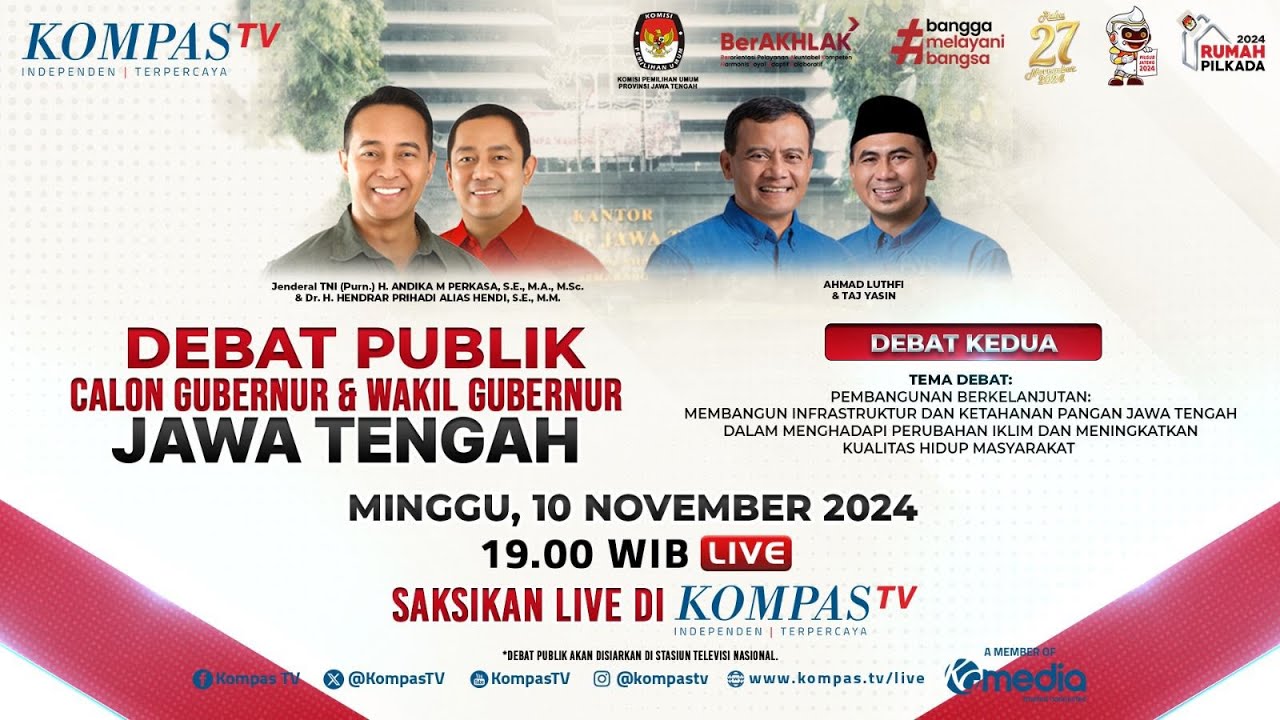 LIVE - Debat Kedua Pilkada Jawa Tengah 2024: Andika Perkasa-Hendrar Priadi VS Ahmad Luthfi-Taj Yasin