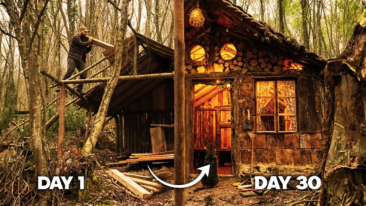 30 дней строительства хижины Bushcraft в одиночку | Полная Off-Grid сборка ⏱️