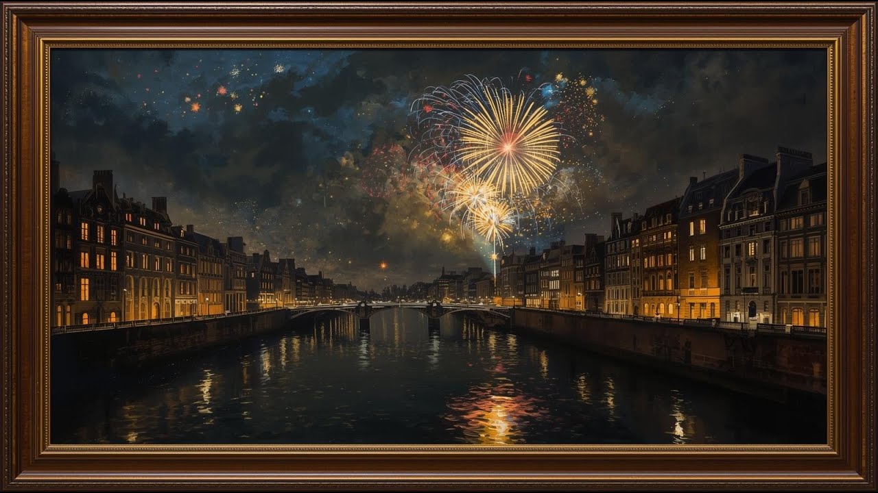 London New Year Night 4K — Timeless Fireworks Over Historic Canals