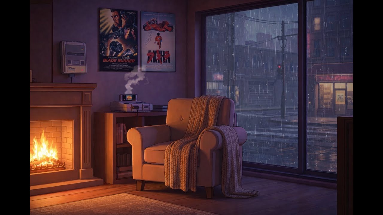 Cozy Rainy Night in a Retro Room-Rain on Window & Thunder Sounds | Warm Fireplace