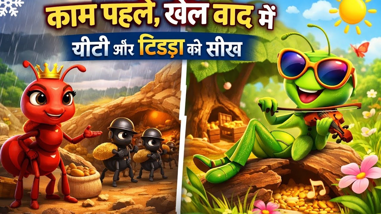 काम पहले, खेल बाद में || चींटी और टिड्डा की सीख || Hindi moral story || cartoon story ||