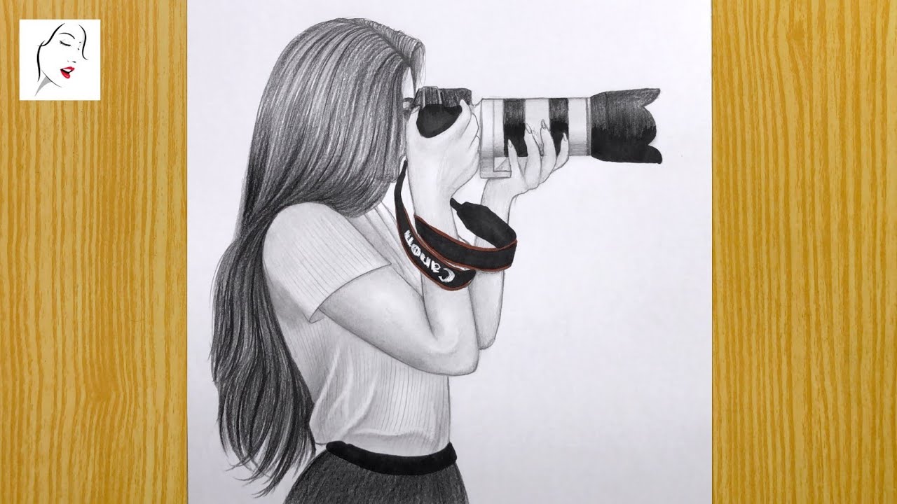 How to Draw a Girl With DSLR Camera Using | How to draw a Long Hair GIrl Drawing | The Crazy Sketch