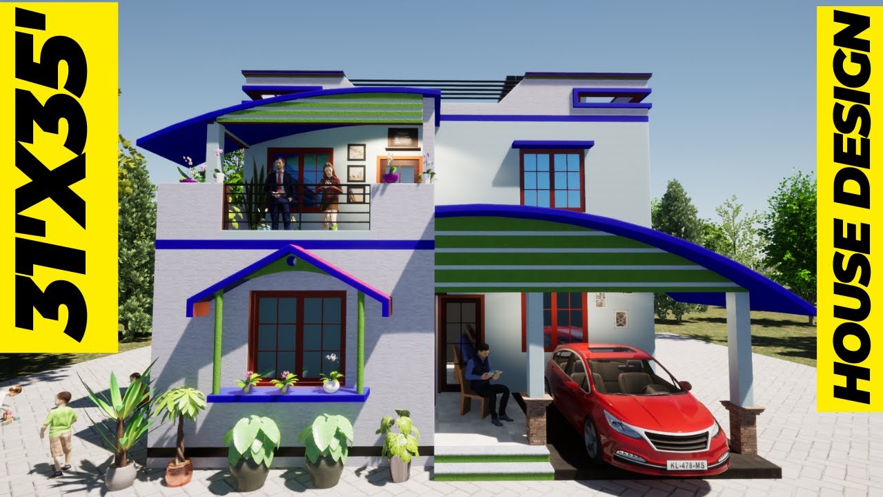 31X35 MODERN HOUSE DESIGN ALONG WITH FOUR SIDE ELEVATION DETAILS /3D CUT PLAN/31'X35' GHAR KA NAKSA