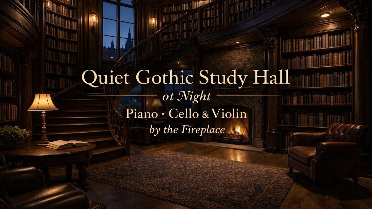 Quiet Gothic Study Hall | Piano, Cello & Violin by the Fireplace