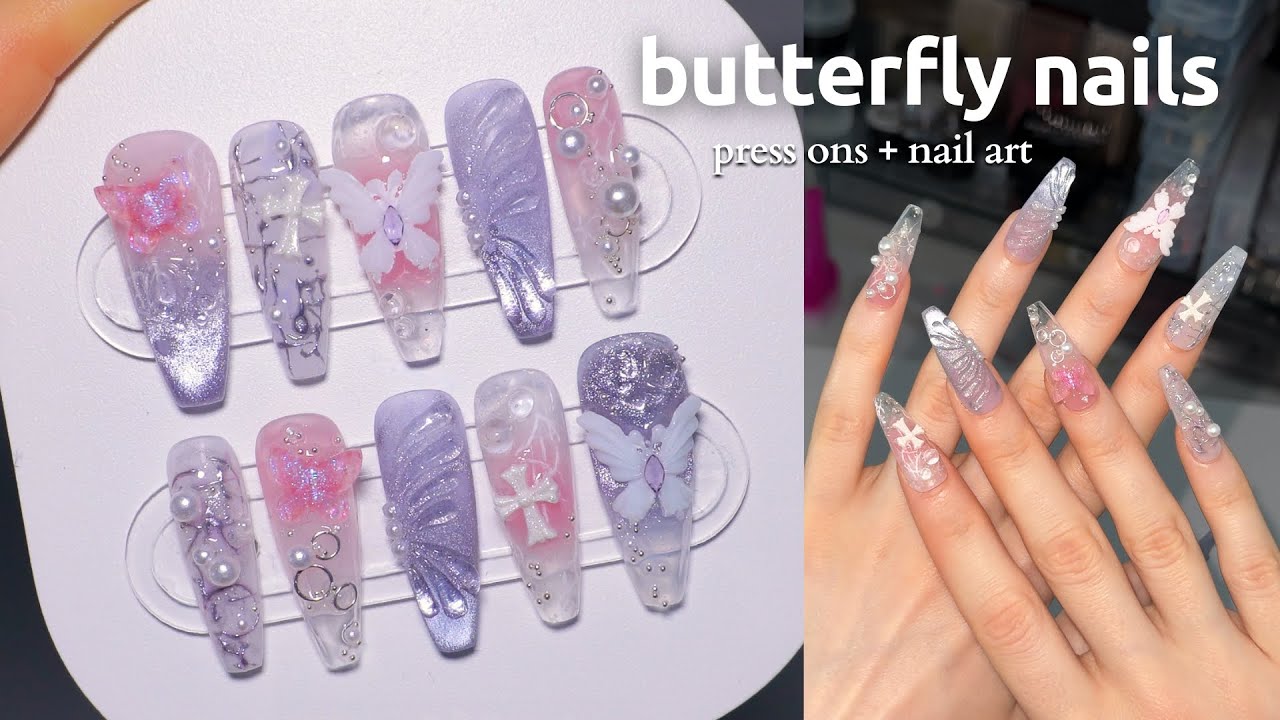 do 3D butterfly nails with me *at home* 🦋 nail art tutorial, cateye nails, custom charms