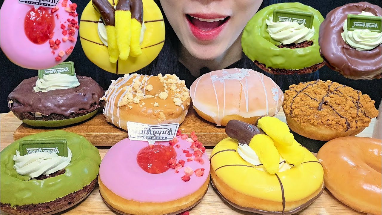 DONUTS MUKBANG)크리스피크림 신상 도넛 말차초코 딸기초코 바나나초코 그리고 베스트 도넛먹방🥯🥞🍩