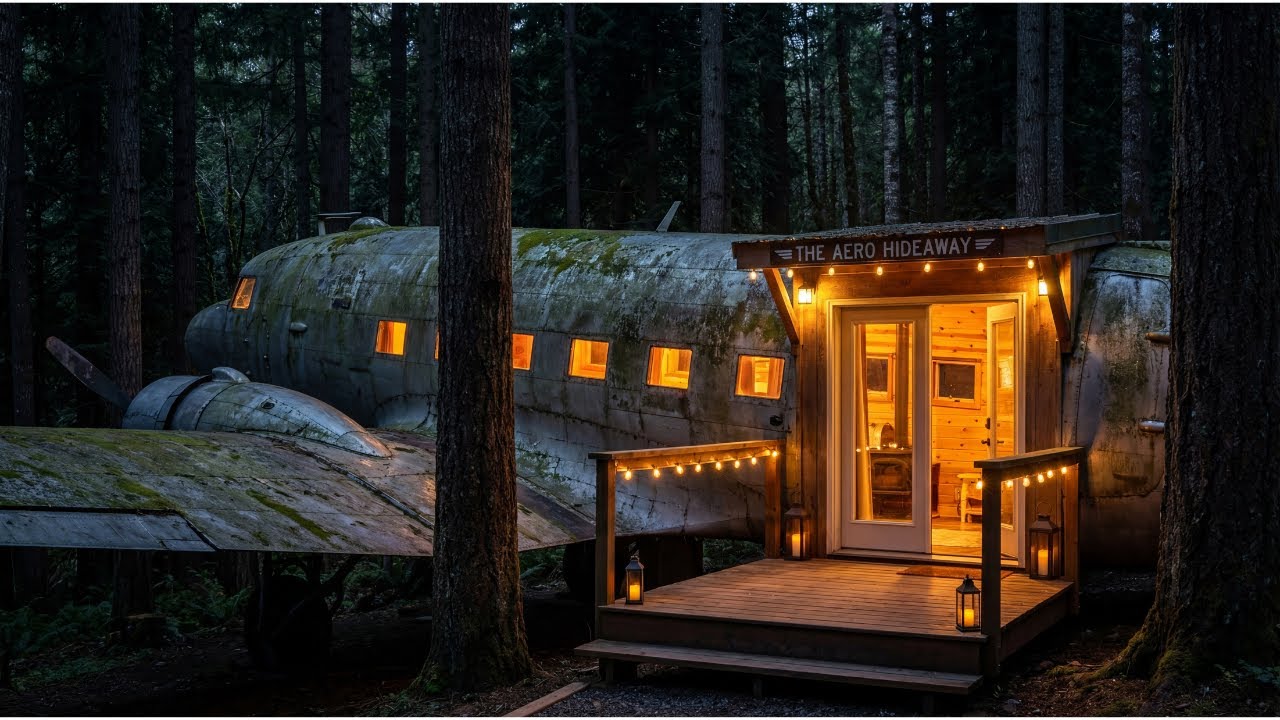 a woman gets lost in the forest and builds a modern mini house/hotel inside an airplane (ASMR)
