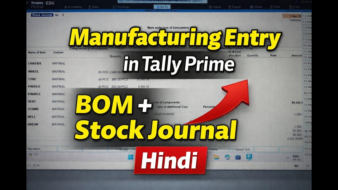Tally Prime Manufacturing Entry Full Process (BOM + Stock Journal) Hindi