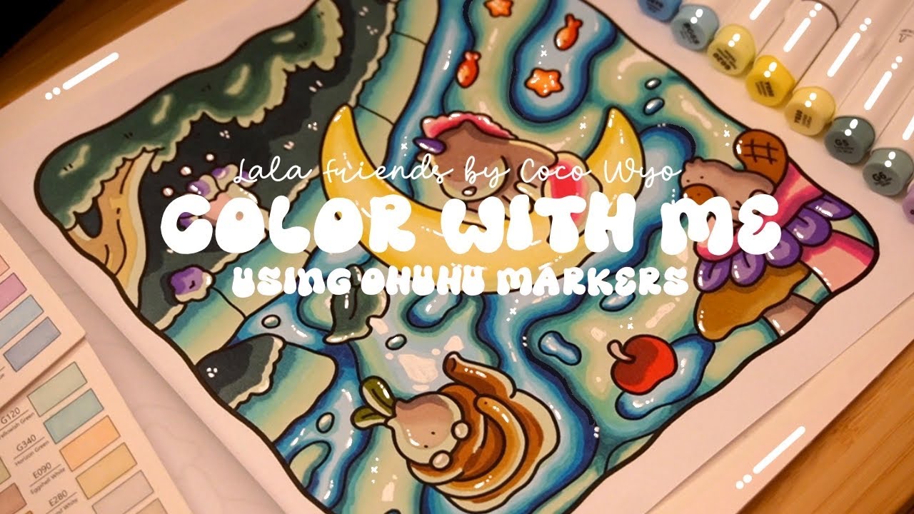 Color with me (ASMR) 🦄🌜 'Lala Friends' by Coco Wyo using Ohuhu markers 🌱✏️ #adultcoloring #asmr