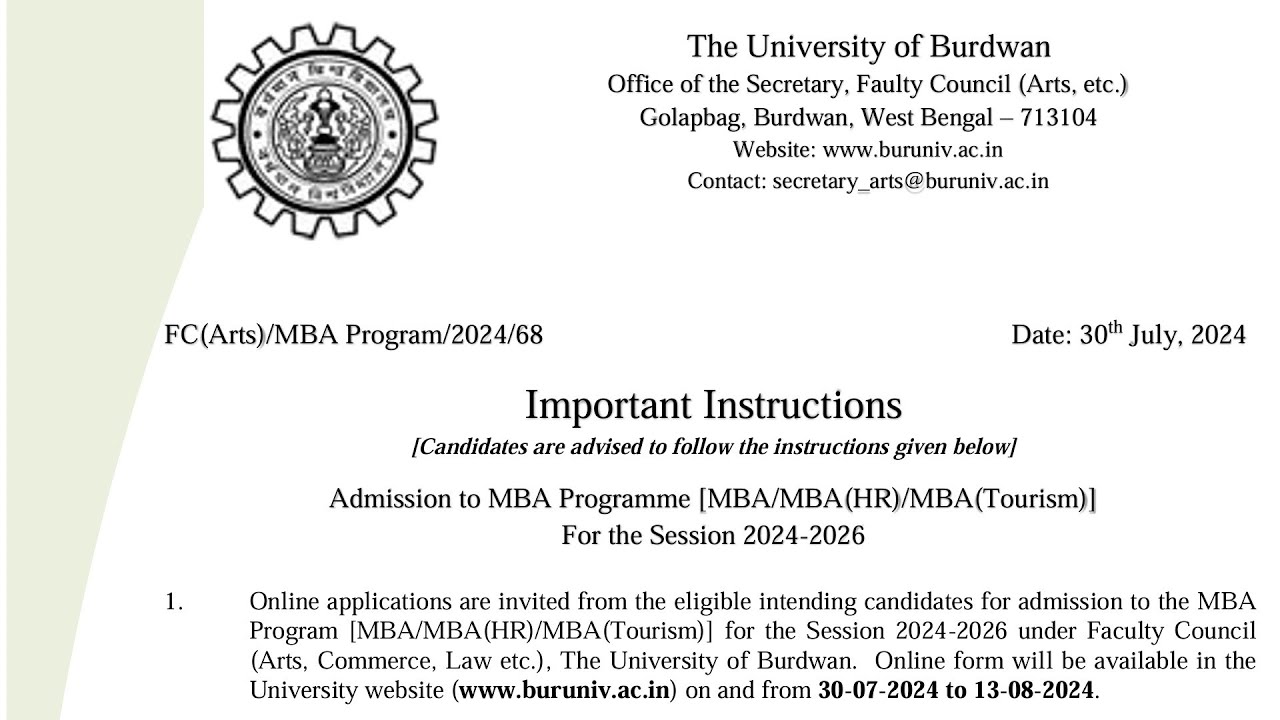 Burdwan University MBA Admission 2024-2026 / Faculty Council of Arts Science Commerce Etc./Apply Now