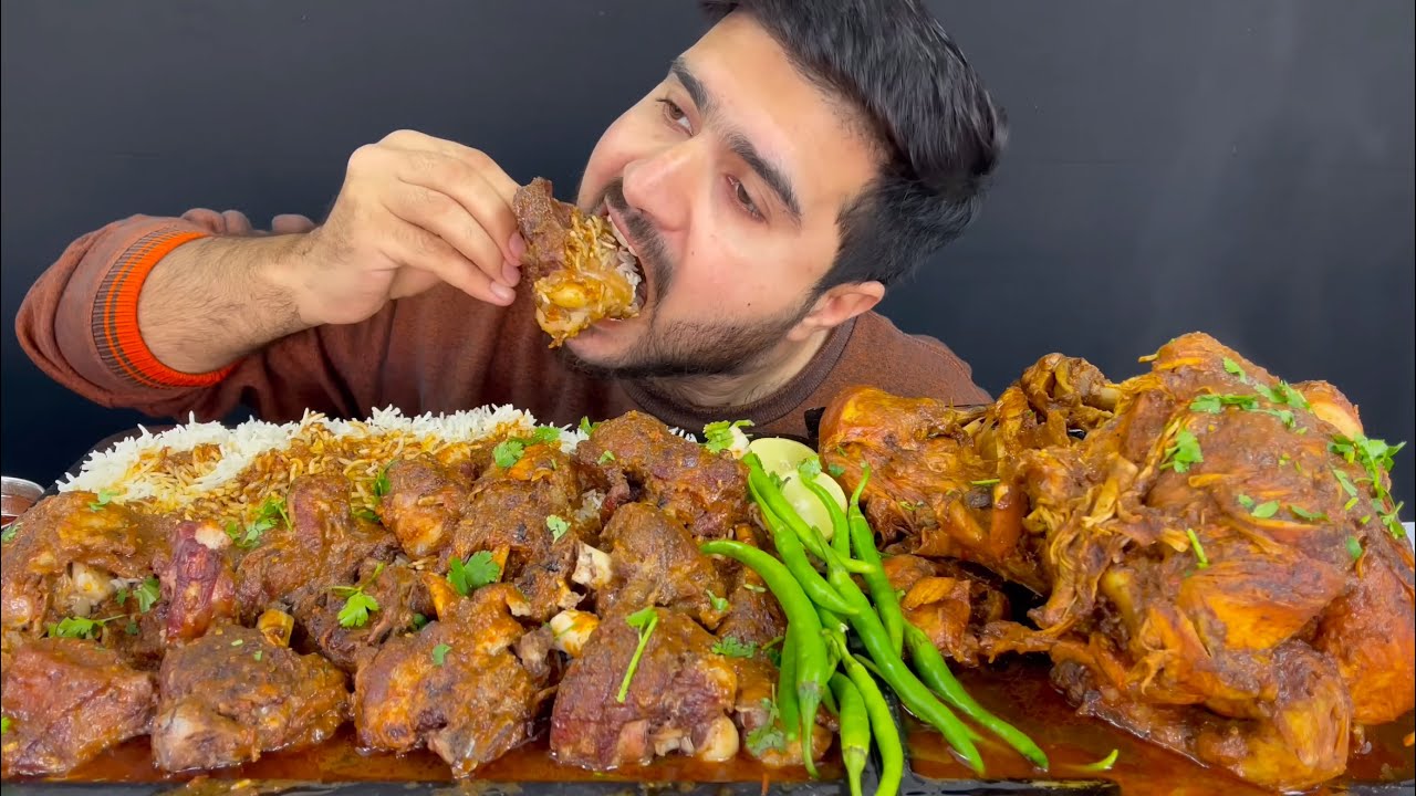 ASMR; Eating Spicy Mutton Curry+Spicy Whole Chicken Curry+Rice+Green Chilli+Extra Gravy