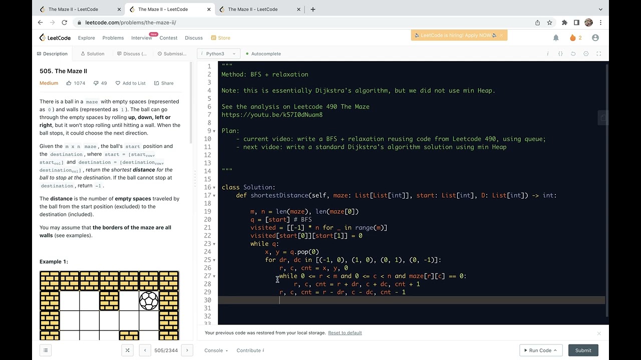 Leetcode 505. The Maze II - traversal with BFS