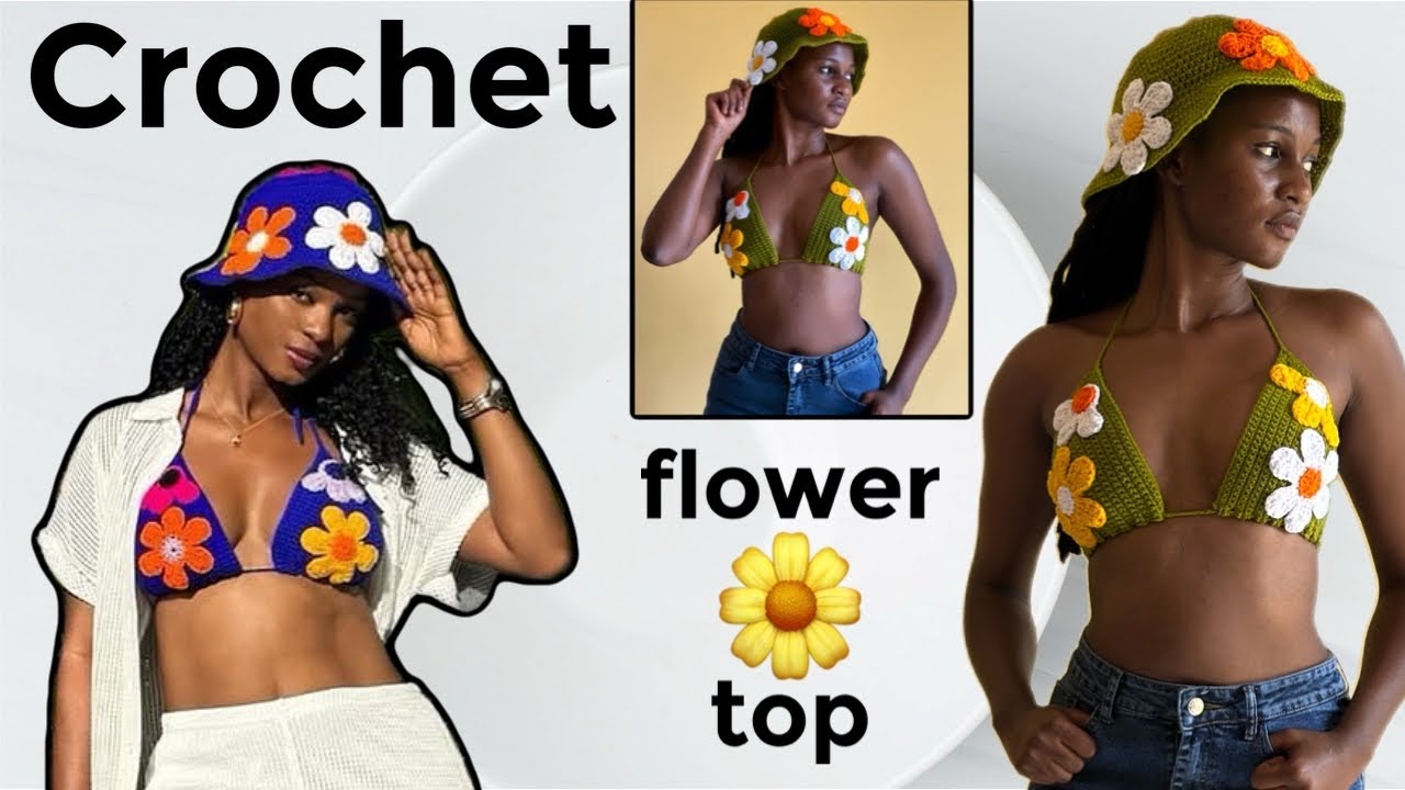 Crochet summer flower top | crochet bikini top to match the crochet flower bucket hat