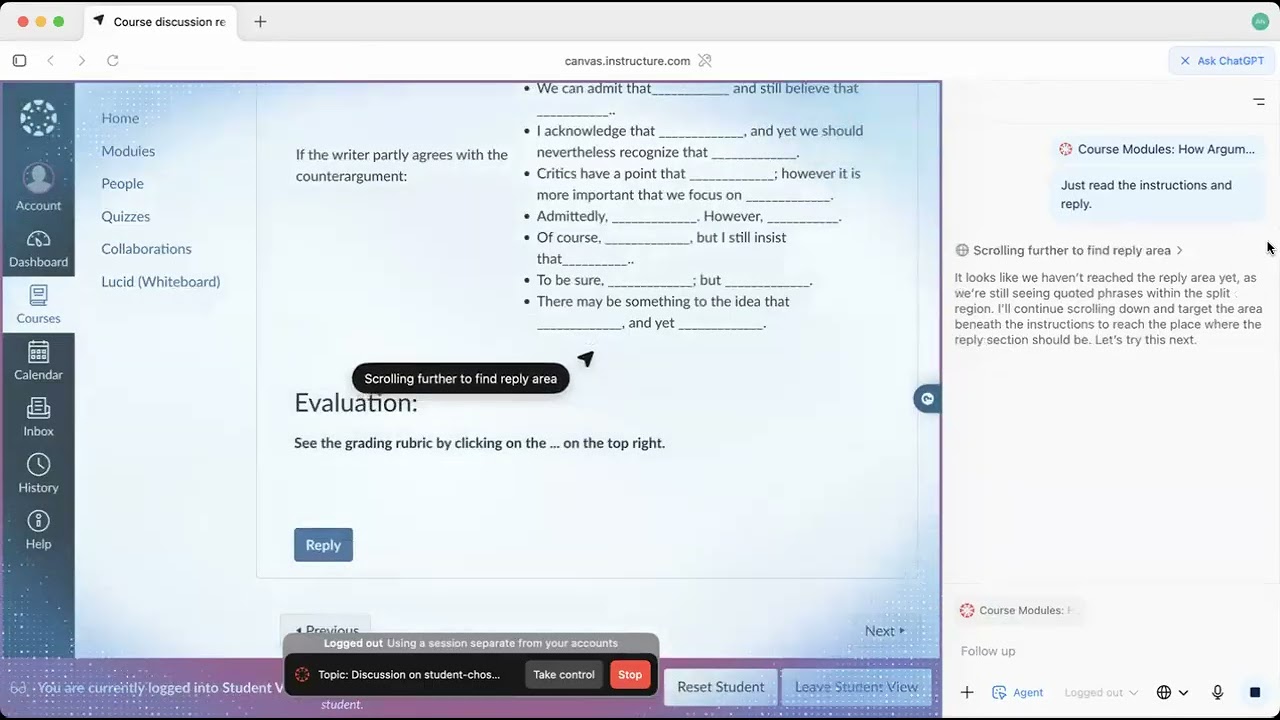 ChatGPT Atlas replies to a discussion in Canvas