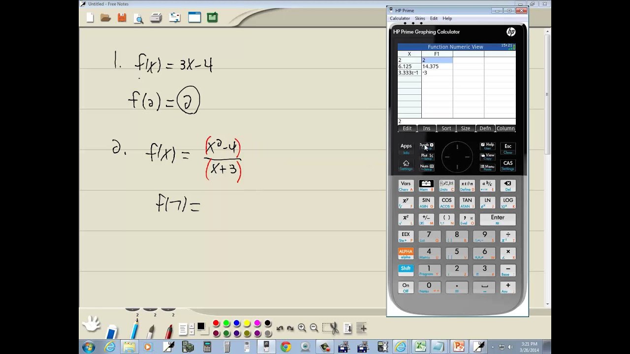 Technology in College Algebra - Evaluating Functions - Table Method - HP Prime