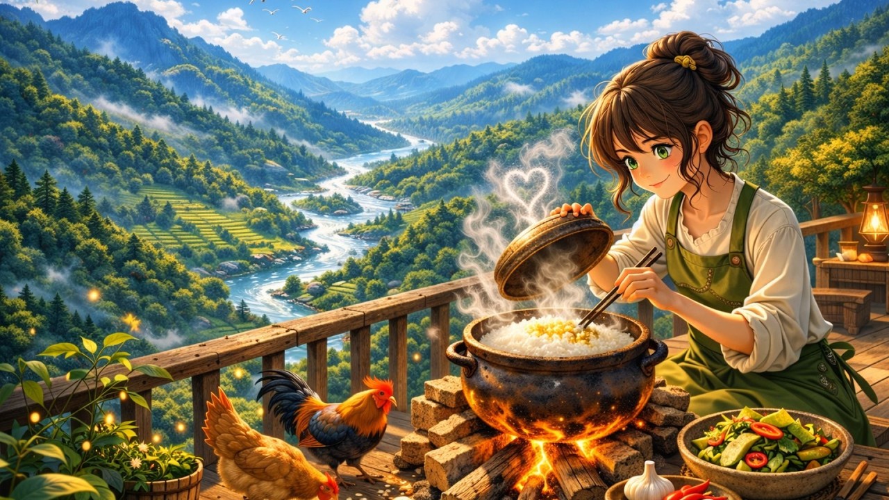 Pickling Greens & Clay Pot Rice | Cozy Treehouse Dinner in Ghibli Style & Ghibli Alone