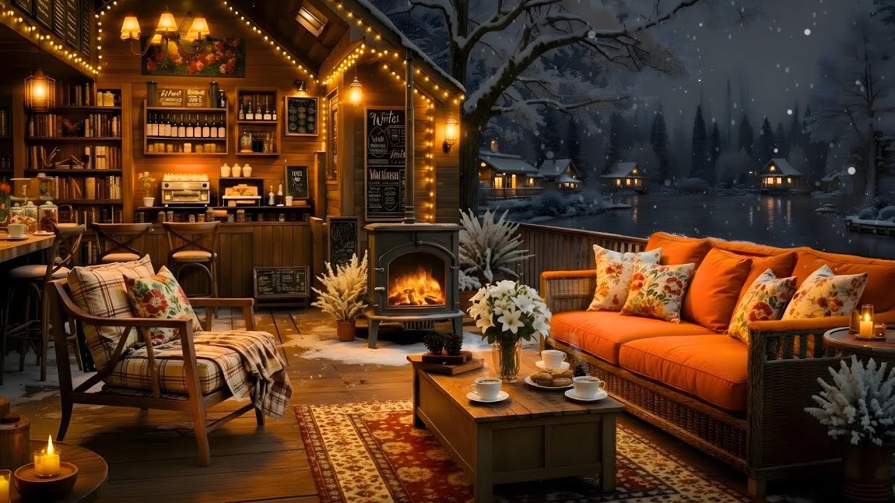 Cozy Winter Coffee Shop Ambience Night by the Lake ❄️ Smooth Warm Jazz Music for Relexation & Study