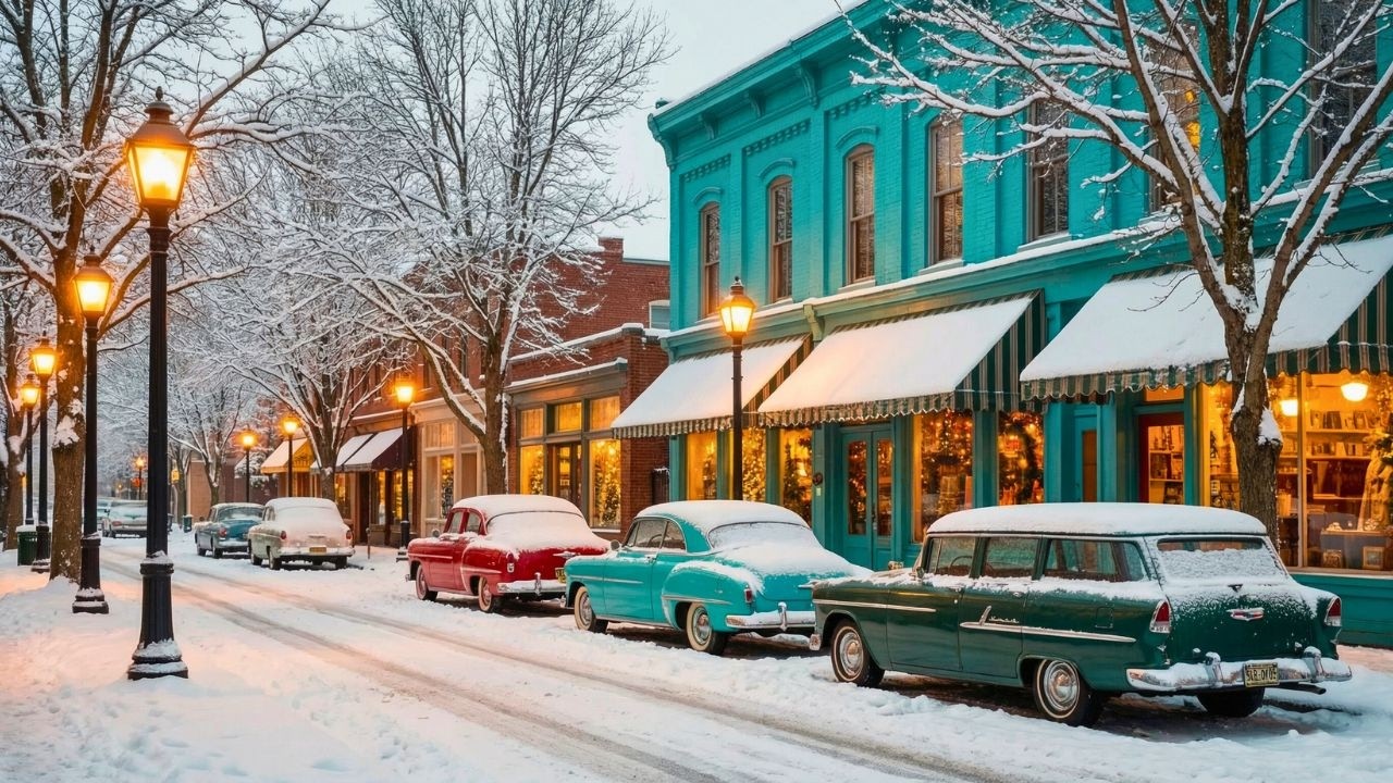 Quiet Snowfall Winter Street with Classic Jazz Piano Ambience