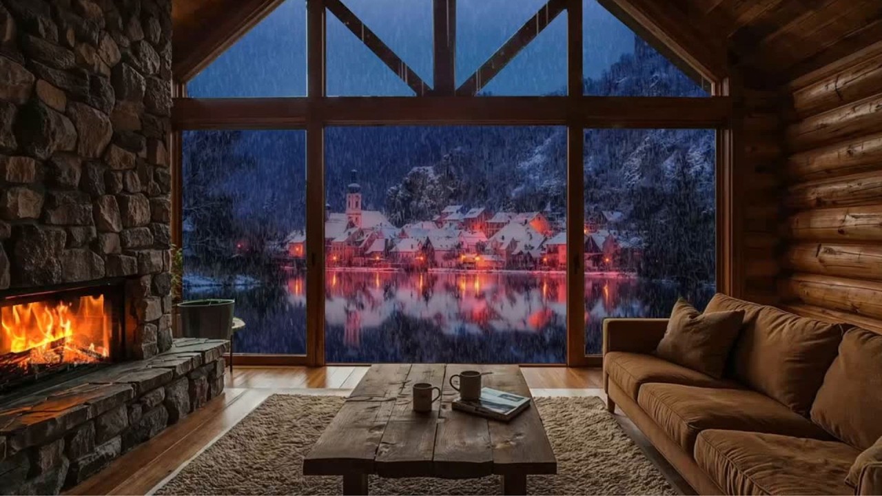Snowy Night Ambience with Warm Fireplace Sounds ❄️�Soft Snow Sounds for Deep Sleep & Winter Comfort