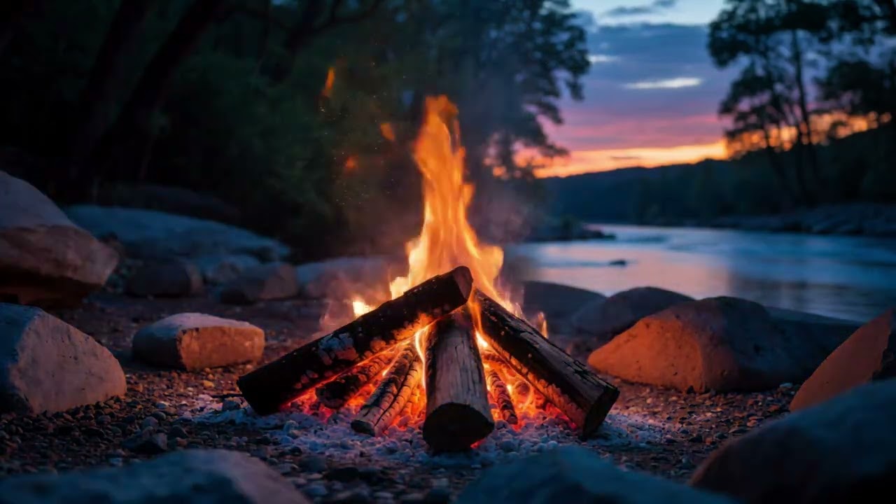 Soothing Campfire at Riverside Dusk 🔥 Crackling Flames & Peaceful Water Sounds