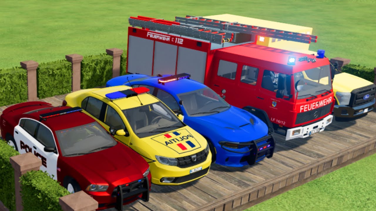 TRANSPORTING CARS, AMBULANCE, POLICE CARS, FIRE TRUCK OF COLORS! WITH TRUCKS! - FS 22