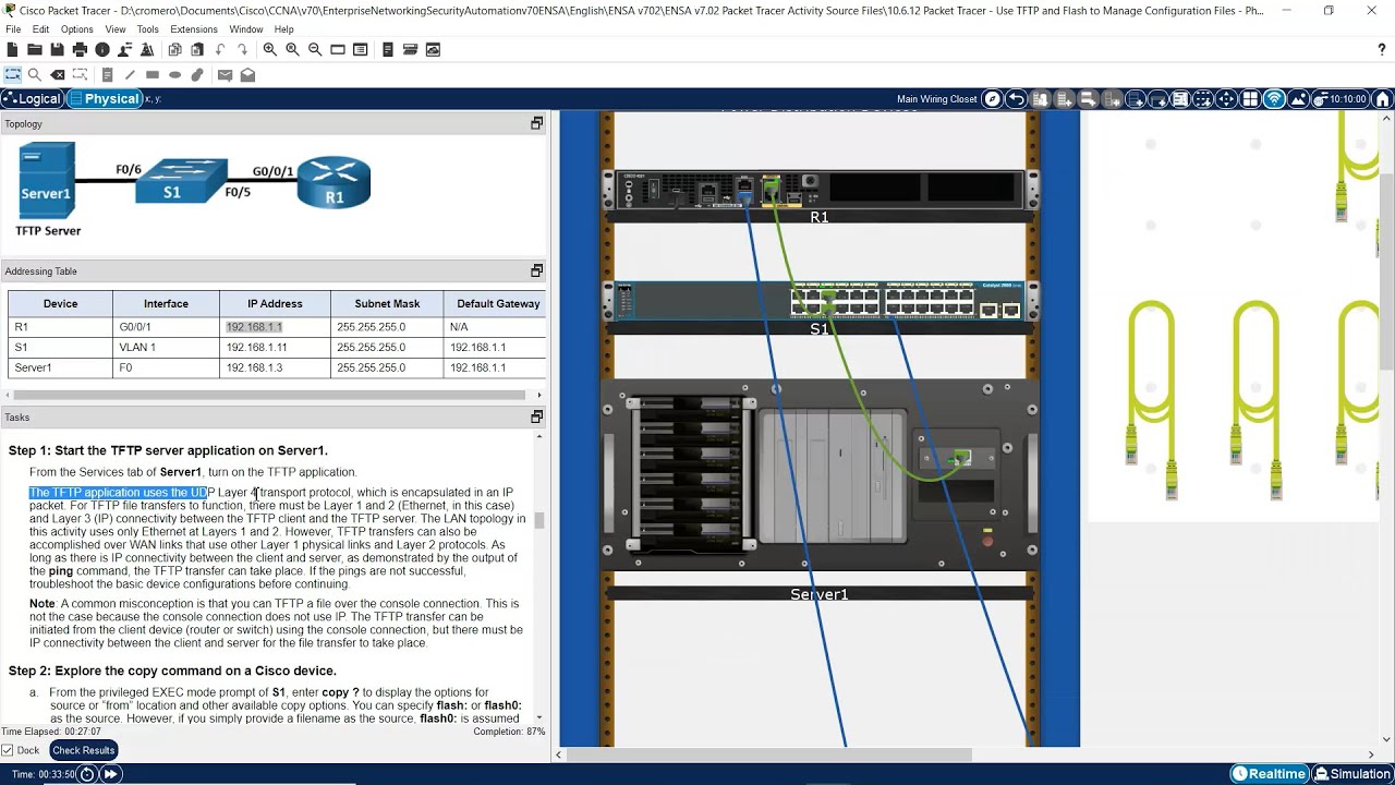 10.6.12 Packet Tracer - Use TFTP and Flash to Manage Configuration Files - Physical Mode
