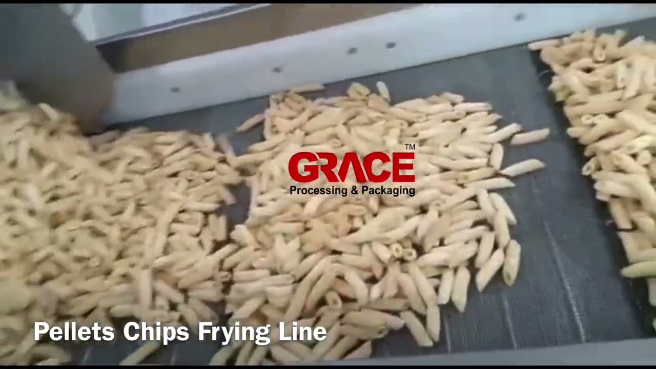 Pellet Chips Frying Line with Continous Fryer, De-oiling Conveyor, Flavor dosing system