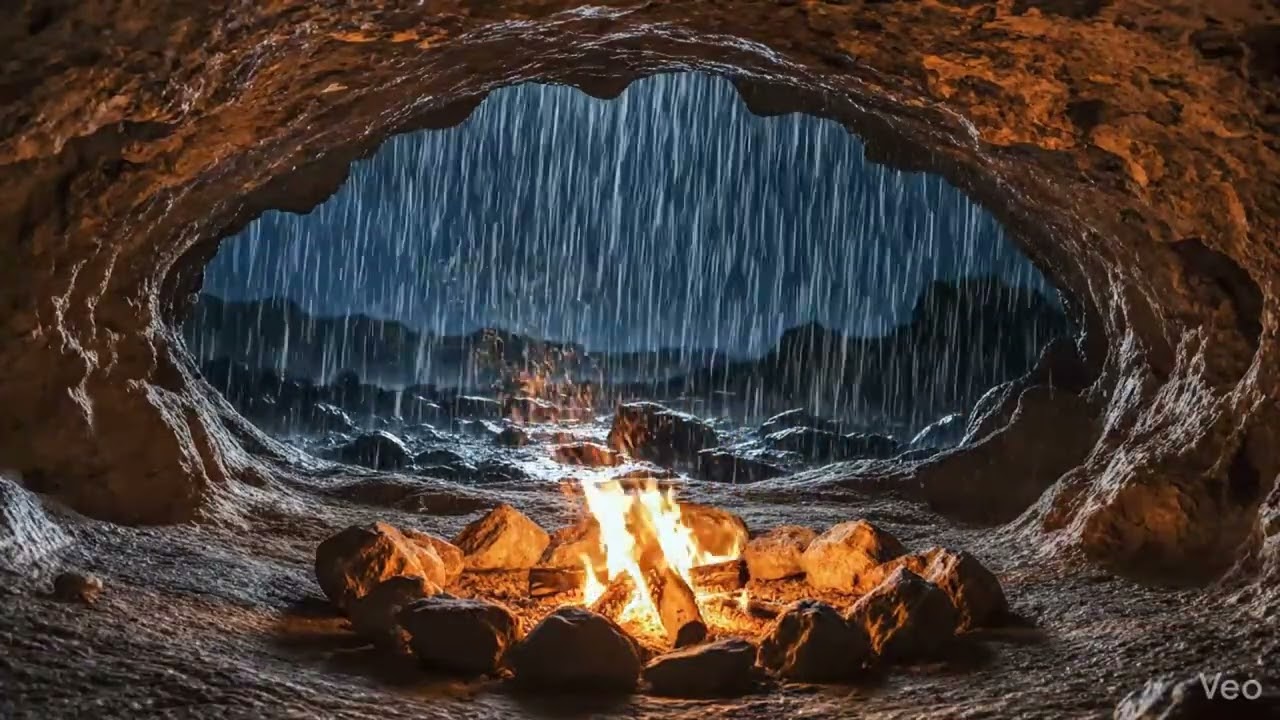 Instant Sleep in a Cozy Cave 🌧️ Heavy Rain & Crackling Fire Ambience | Deep Relaxing Music