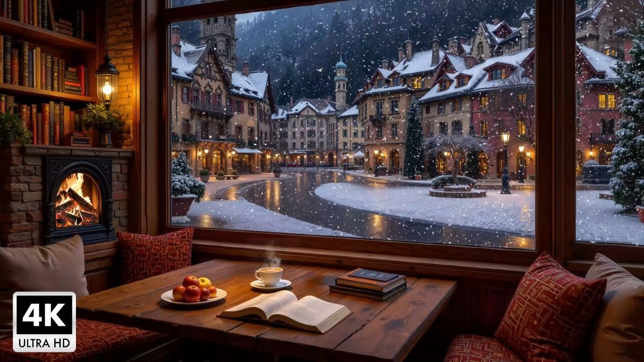 Peaceful Winter Evening Cafe Atmosphere ~ Jazz Piano Music and Fireplace Sounds for Relax, Study