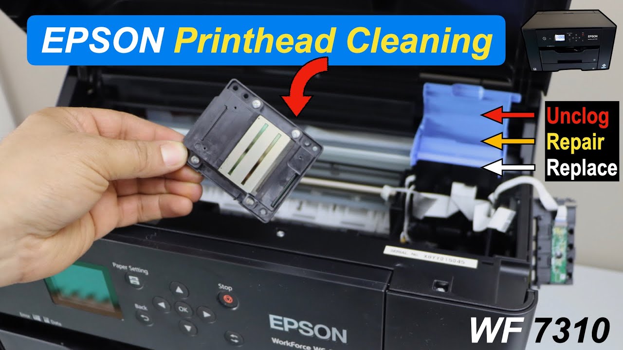 Epson WF 7310 Print Head Cleaning, Replacement or Repair (Unclog BK, Y, M, C Ink) Print Like New !