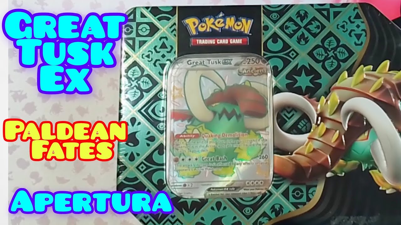 Lata Shiny Great Tusk EX Tin, Paldean Fates (Apertura/Unboxing Random), Pokémon TCG