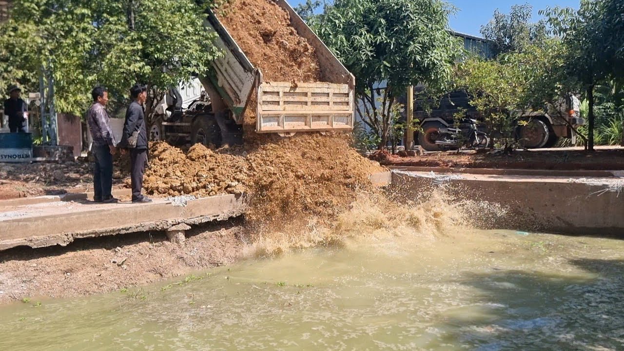 Start new Project !!  Delete Pond By skill old dozer push soil in the deep water with 5T dump truck