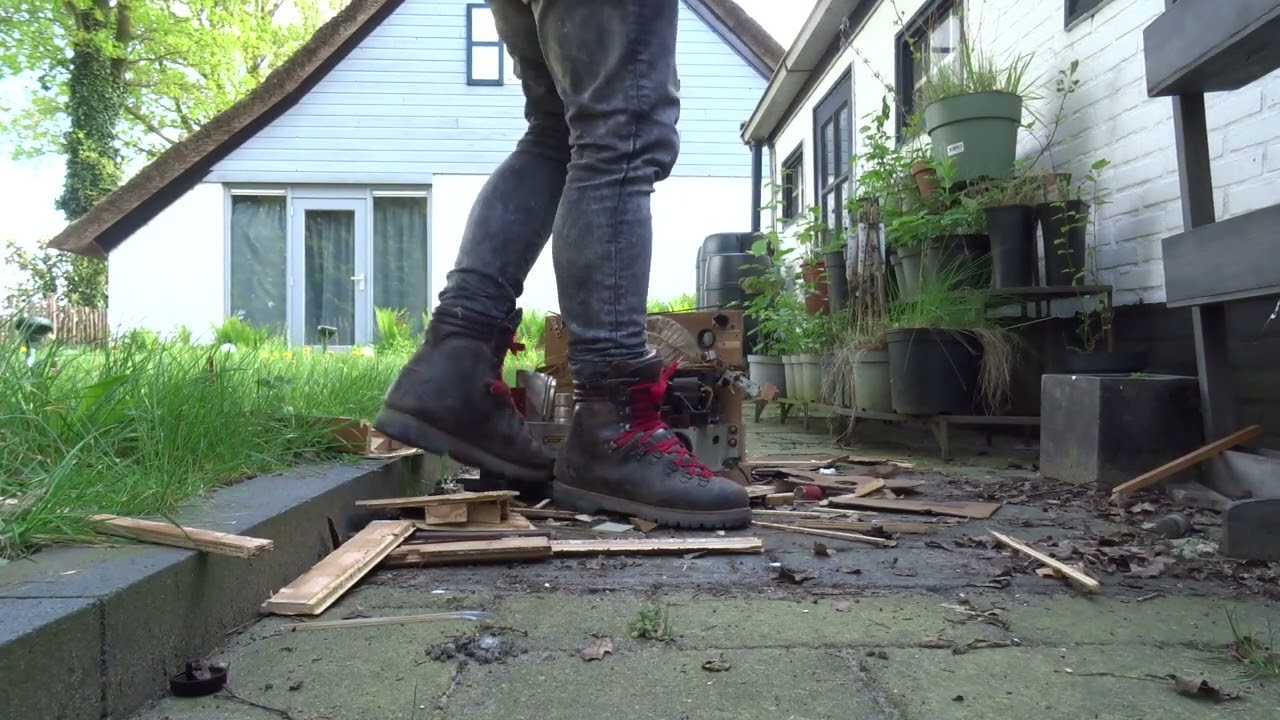 Old vintage Gronell hiking boots, stomp, trample and destroy old vintage radio