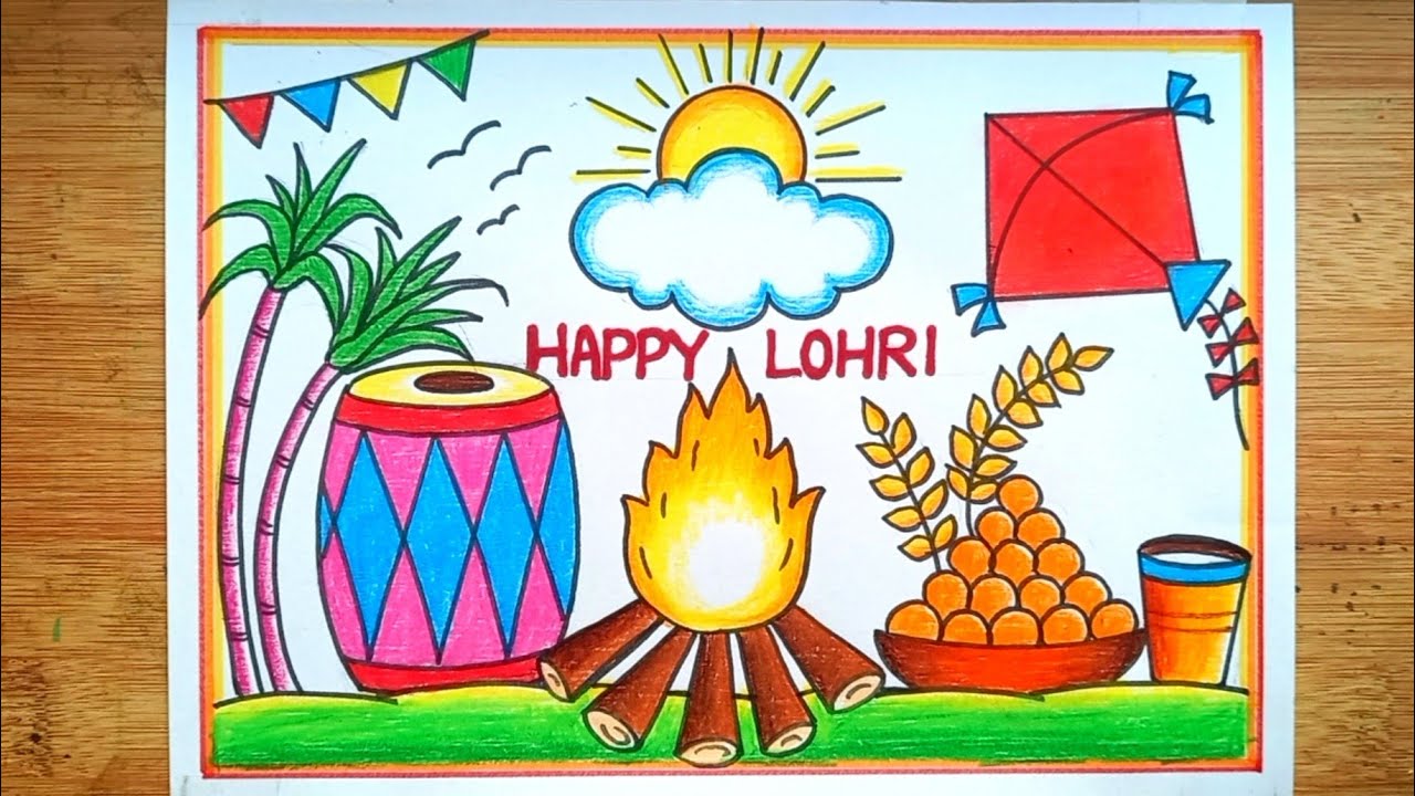 Happy Lohri Drawing Easy/Lohri Festival Drawing/How To Draw Happy Lohri Poster Drawing Easy