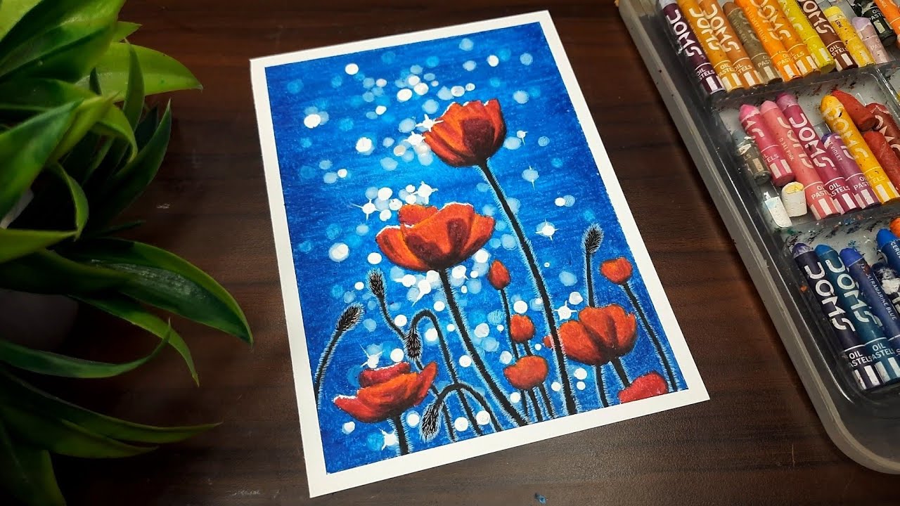 How to draw red flowers with oil pastel color 🌹 Spring flower drawing | Canvas Art