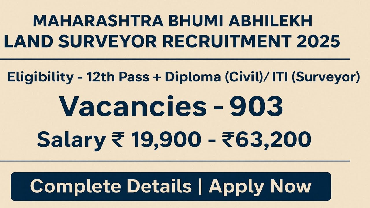 Maharashtra Bhumi Abhilekh Land Surveyor Recruitment 2025 | 12th Pass + ITI/Diploma Govt Job |