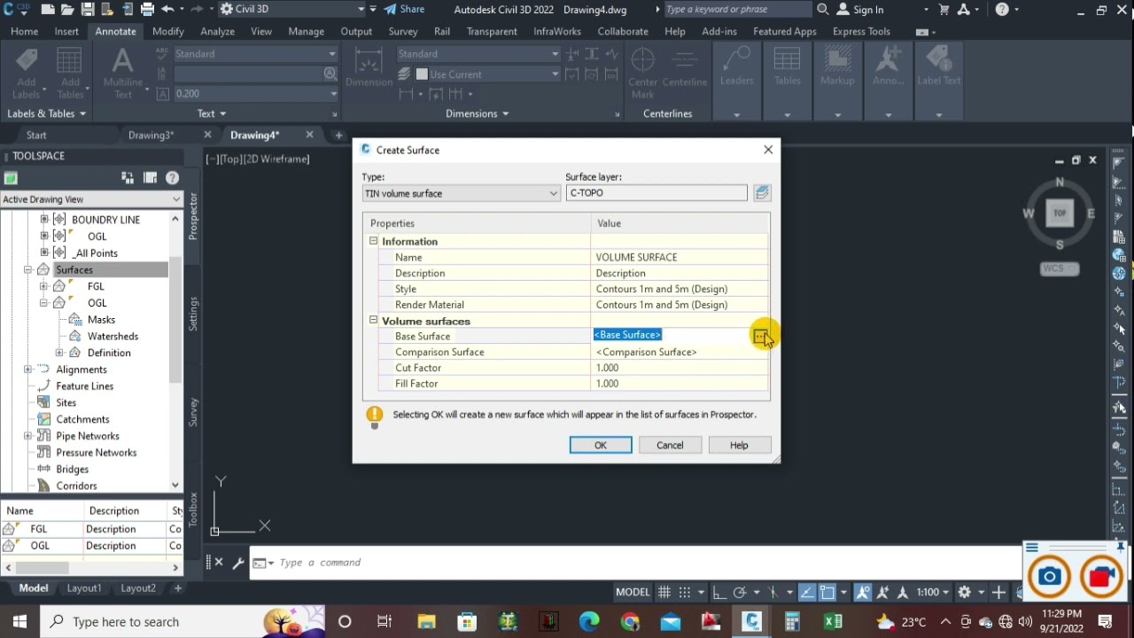 HOW TO OVERLAP OGL AND FGL TO CALCULATE VOLUME AND CUT FILL DATA IN AUTOCAD CIVIL3D
