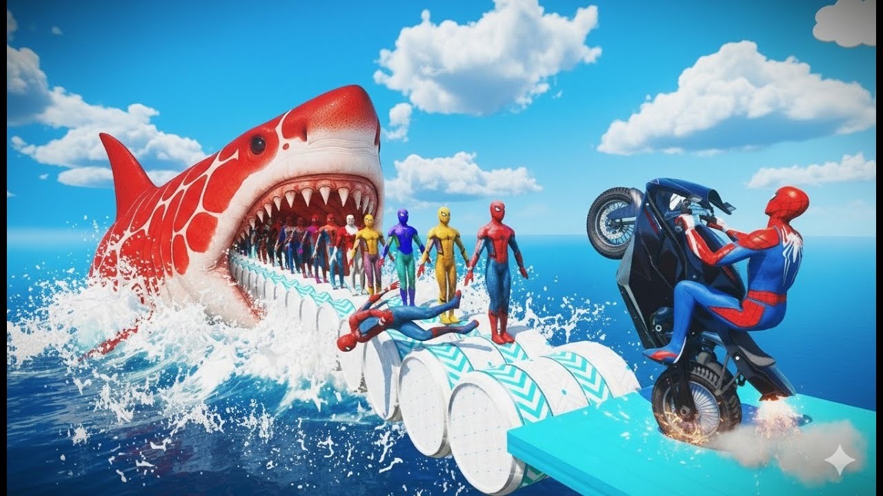 لأبطال الخارقين في سباق مجنون على جسر قوس قزح 🌈🏍️🕷️ – GTA 5 SPIDERMAN ON SPIRAL BRIDGE STUNT RID