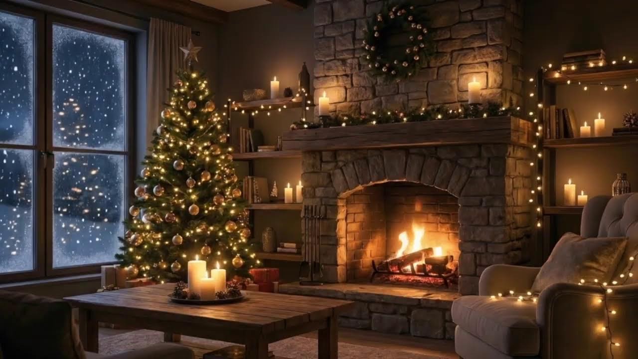 Christmas Music & Fireplace Ambience 🔥 🎄| Cozy Winter Night, Crackling Fire, Relaxing Holiday Sounds