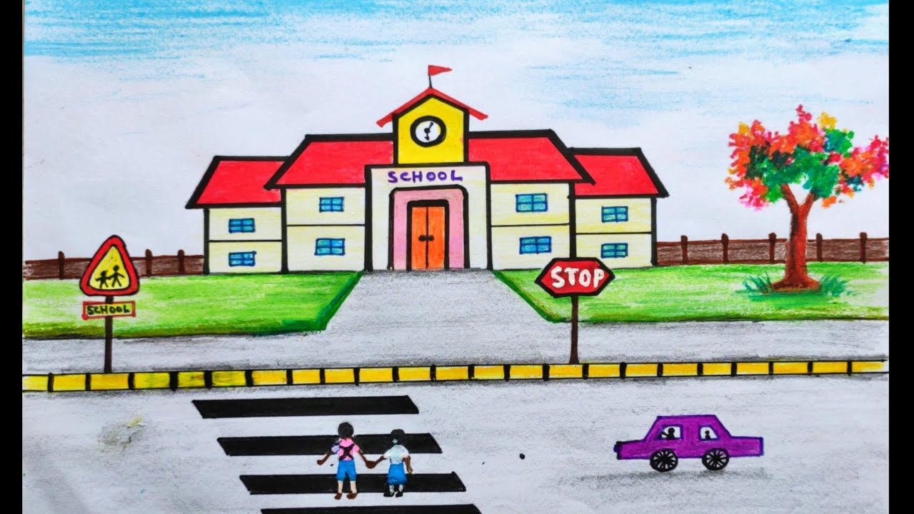 Road safety drawing / Road safety poster for school / School drawing with road safety easy