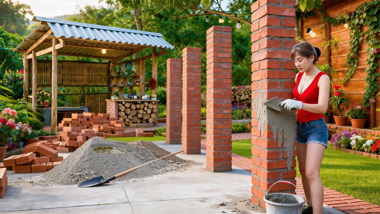 TIMELAPSE - Building Brick Columns to Support a Water Tank Roof - Log Cabin Project
