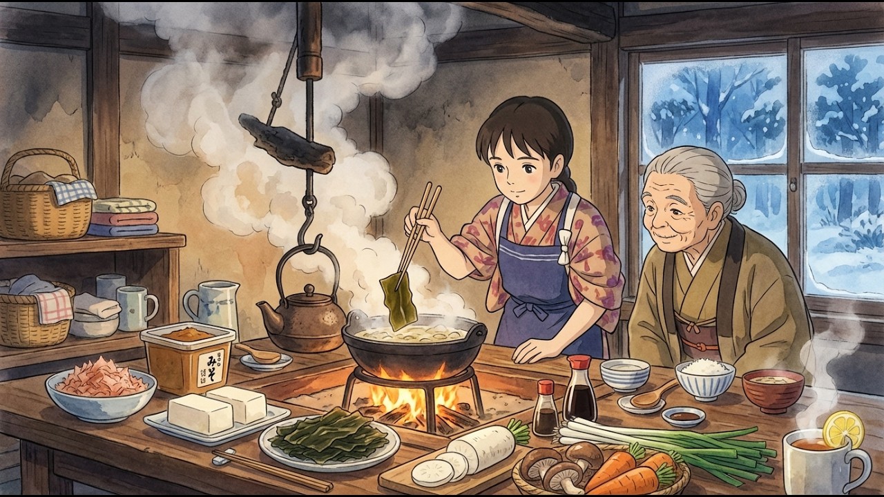 Traditional Japanese Winter: Grandma's Heartwarming Miso Soup Recipe | 2D Ghibli Aesthetic Animation