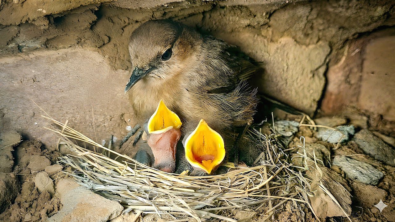 Rock Bird Feeding Its Hungry Chicks Inside the Nest!