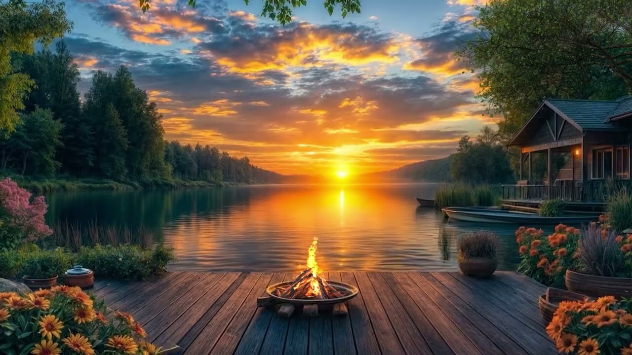 Don’t End Your Day Stressed | Sunset Lake Firepit 4K for Deep Relaxation & Mental Unwind