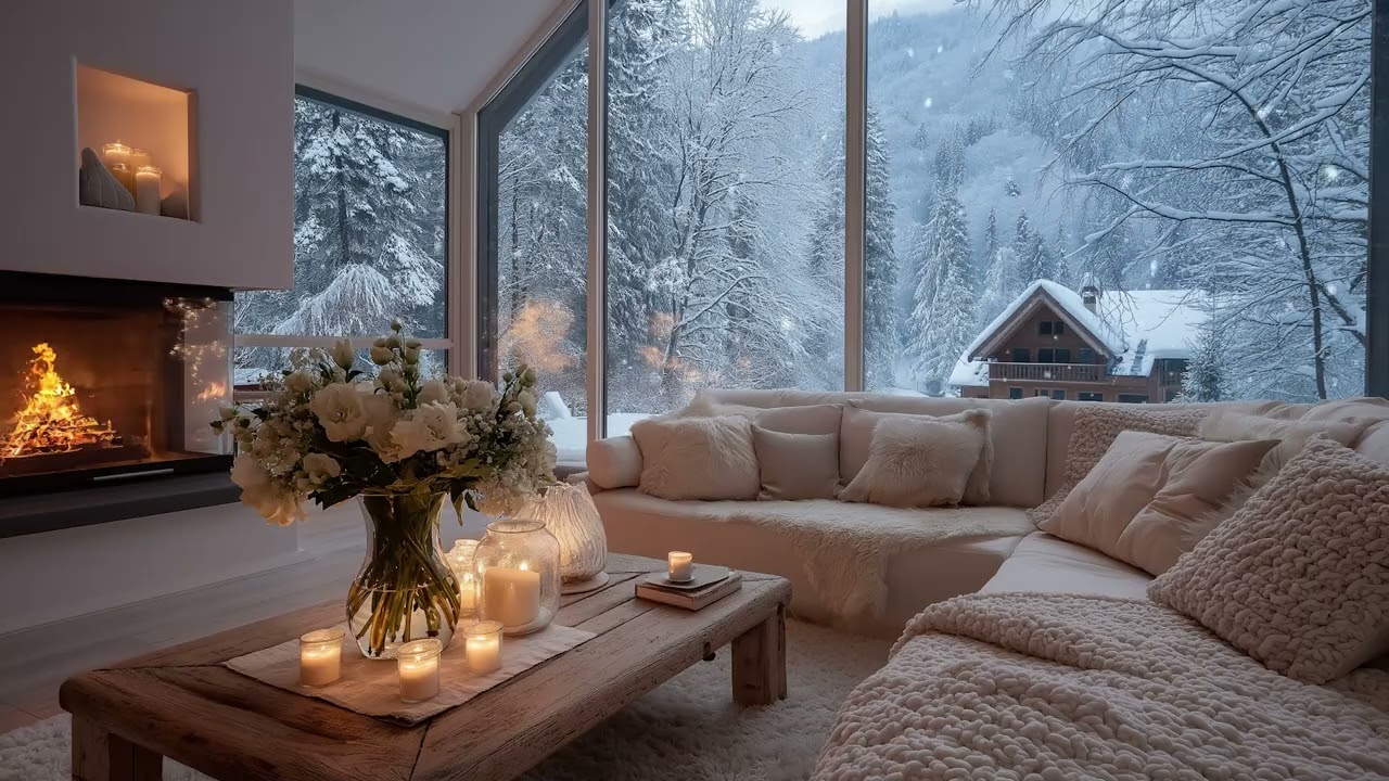 Cozy Fireplace Ambience with Snow Falling Outside for a Soft Romantic Winter Mood
