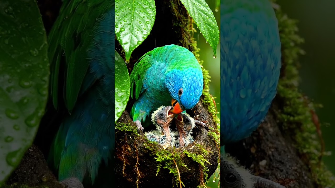 This Parrot Feeds Her Chicks With Precision 