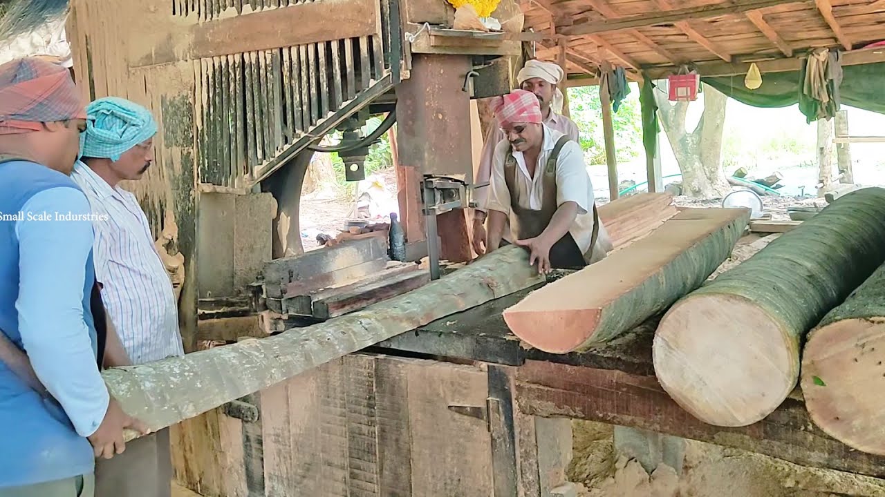 Amazing SAWMILL wood Cutting Machine for coconut tree into pieces / SMALL SCALE INDUSTRIES