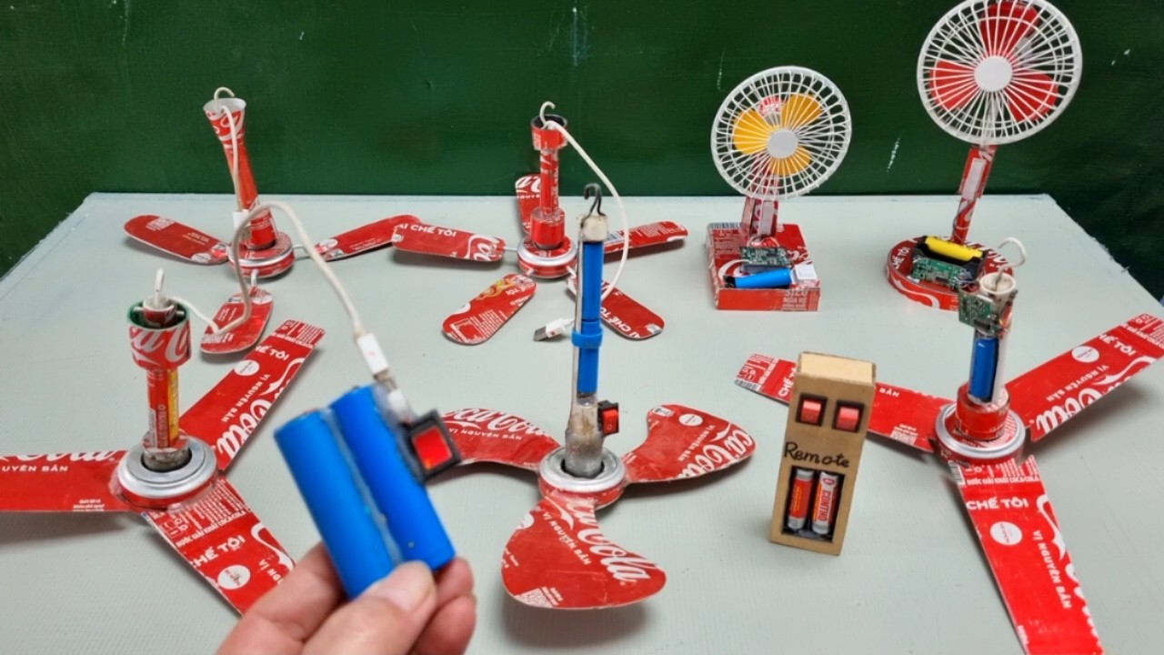 Seven ceiling fans made from Coca-Cola cans.