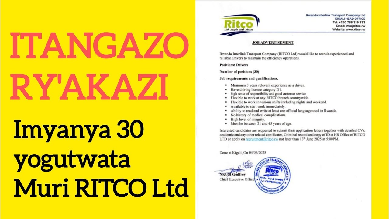 ITANGAZO RY'AKAZI: Imyanya 30 KUBANTU bifuza akazi kubushoferi muri RITCO Ltd  amahirwe ntagucike